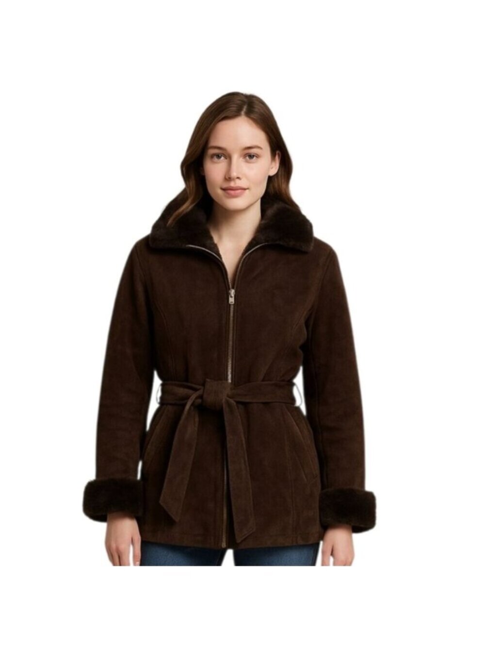 Wilsons Leather Luxurious Brown Faux Fur Collar, Cuffs Suede Leather Coat